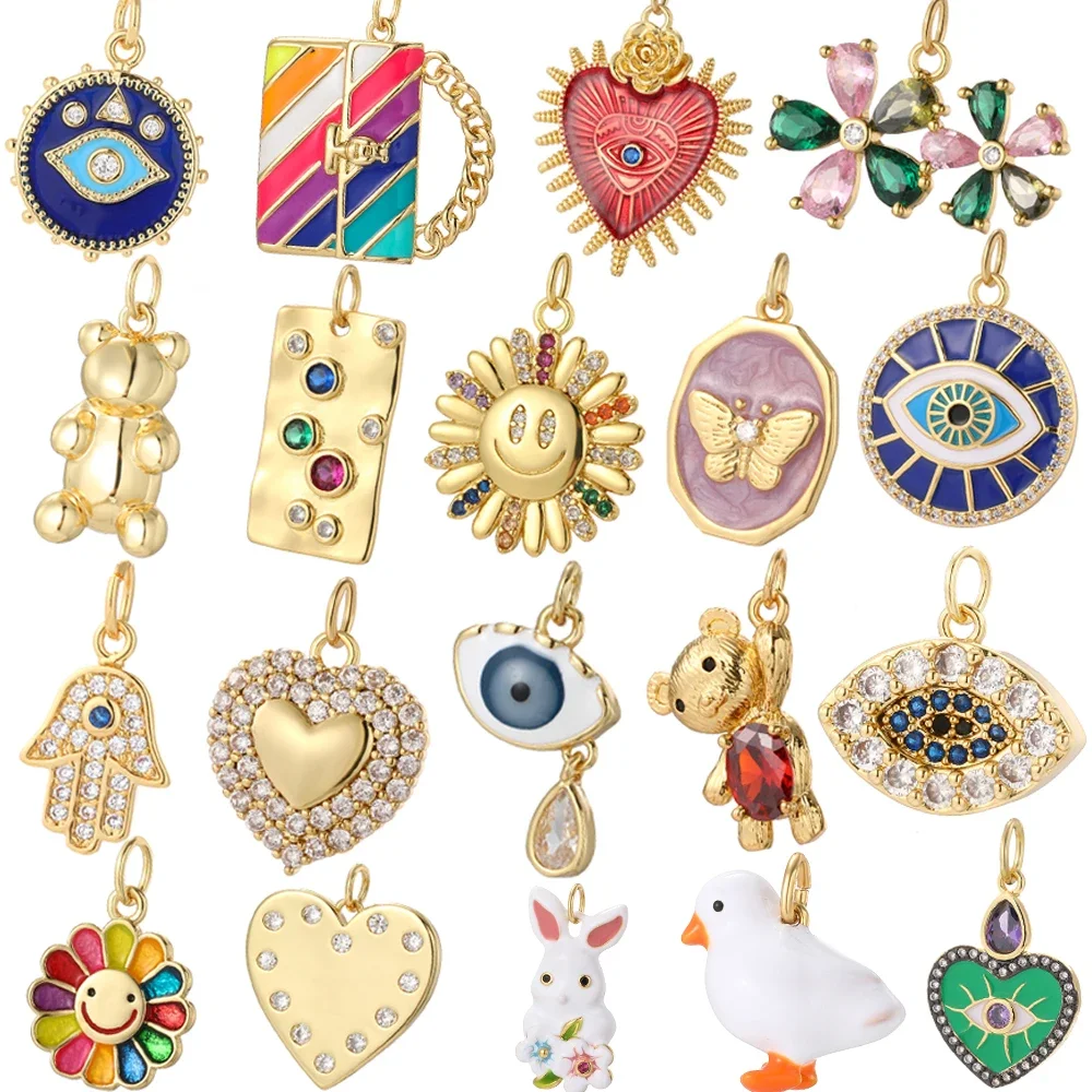 Evil Blue Eye Flower Heart Charms for Jewelry Making Cute Bird Butterfly Bear Gold Color  Earrings Necklace Bracelet