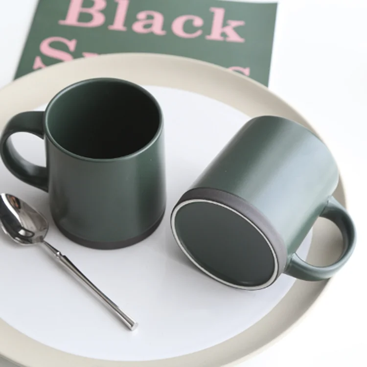 Newest Matte green ceramic mug carving logo can order gift coffee cup cereal breakfast cup wholesale