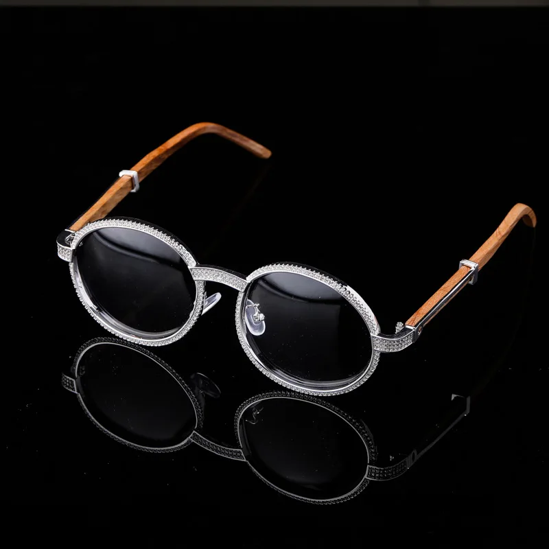Fashion Jewelry Bling Bling Full Iced Out Glasses HipHop Lab Diamond Eyeglass With Wooden Temple