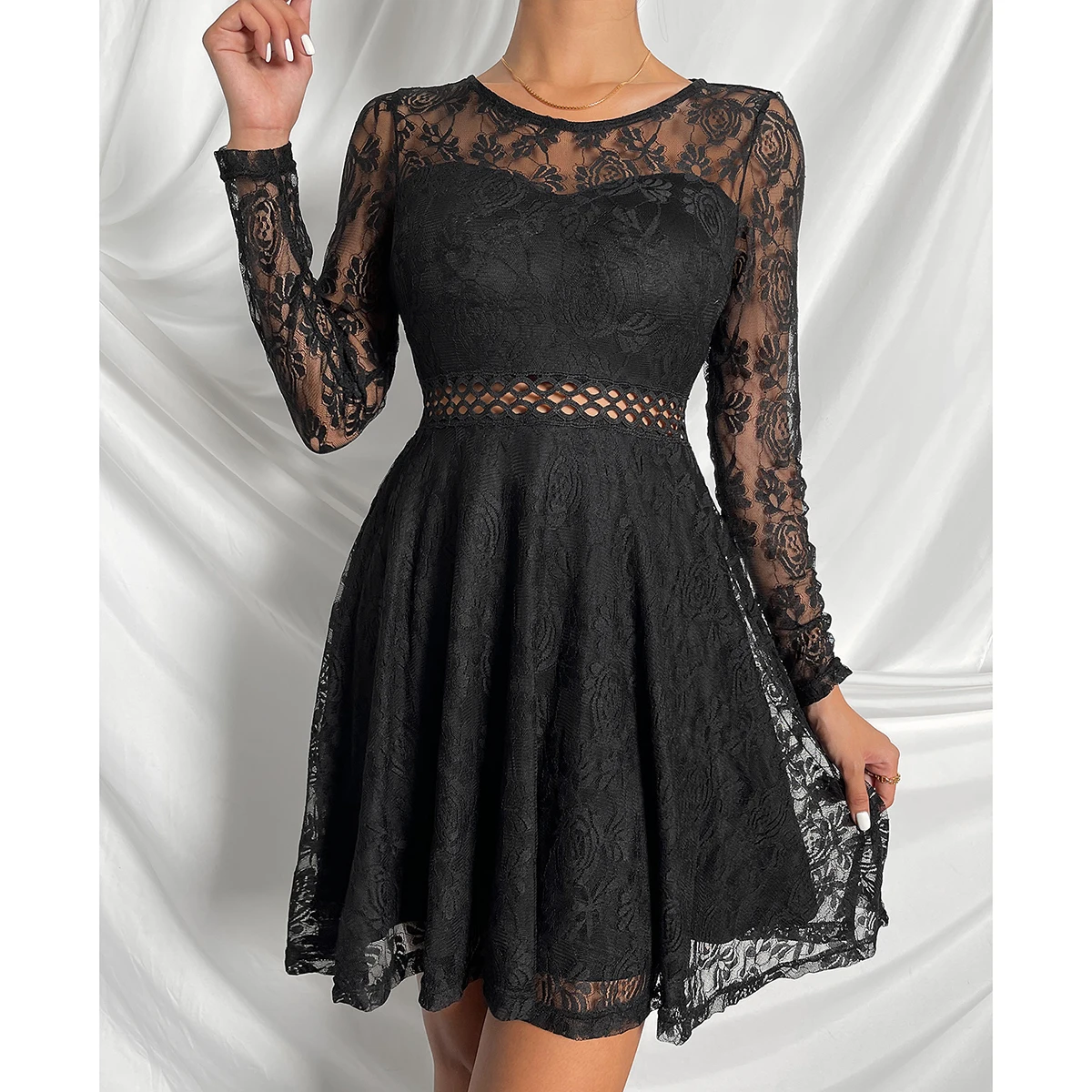 backless Sexy Hight Quality see through black lace dress Spring High Waist Long Sleeve Flared Ladies Cut Out Zip Back Lace Dress