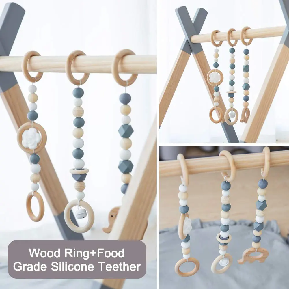 Wooden Foldable Infant Activity Gym with Mat Baby Play Gym Frame Hanging Bar Activity Gym Hanging Toys