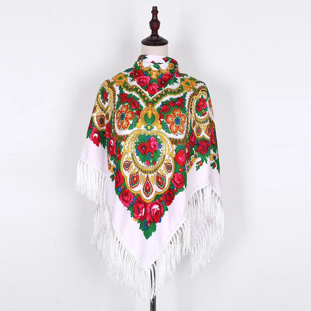 GEERDENG New Arrival Soft Polyester Muffler Square Bandana with Tassel Fringes Ethic Warm Wrap Shawl Stole Russian Flower Scarf