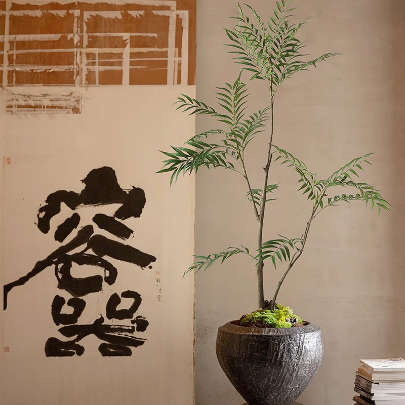 Yellow Bark Artificial Cork Tree with Fine Leaves for Home Indoor and Outdoor Decor Realistic Green Leaves