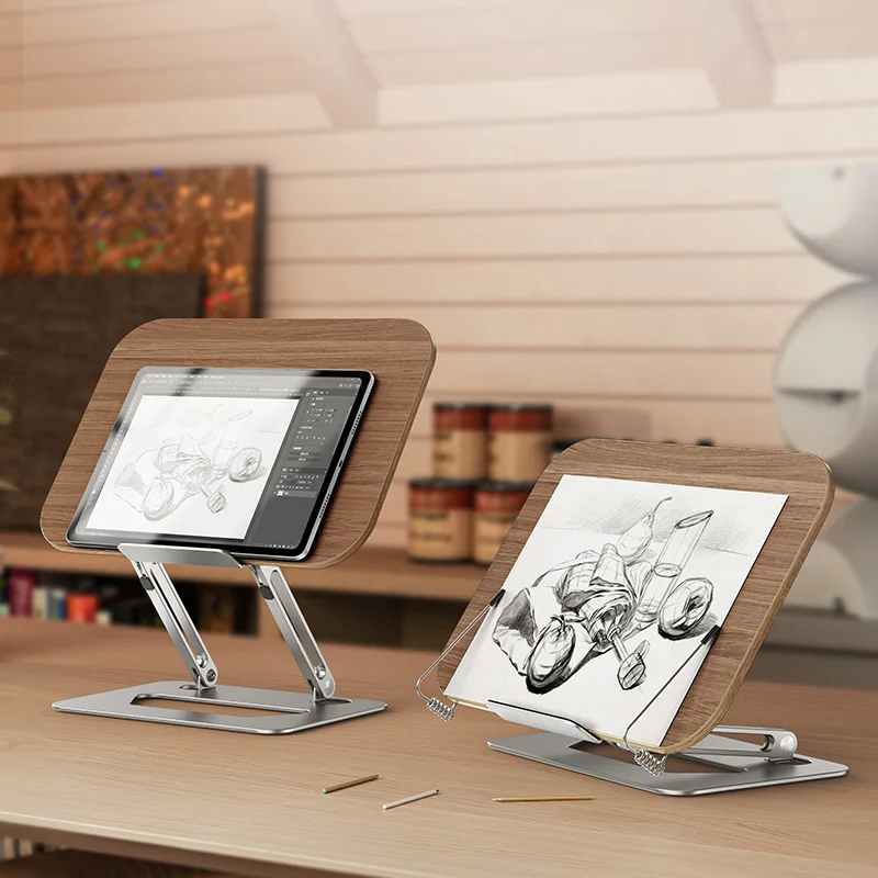 Rotate Adjustable Aluminum Alloy Tablet Foldable Metal Portable Pedestal Wooden Book Stand Holder For Reading