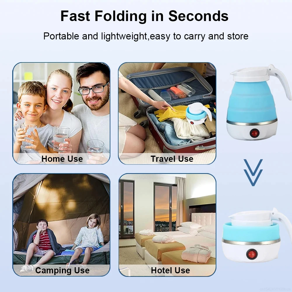 600ML Travel Folding electric water kettle - Collapsible heated hot water boiler For Coffee - Dual Voltage Portable kettle