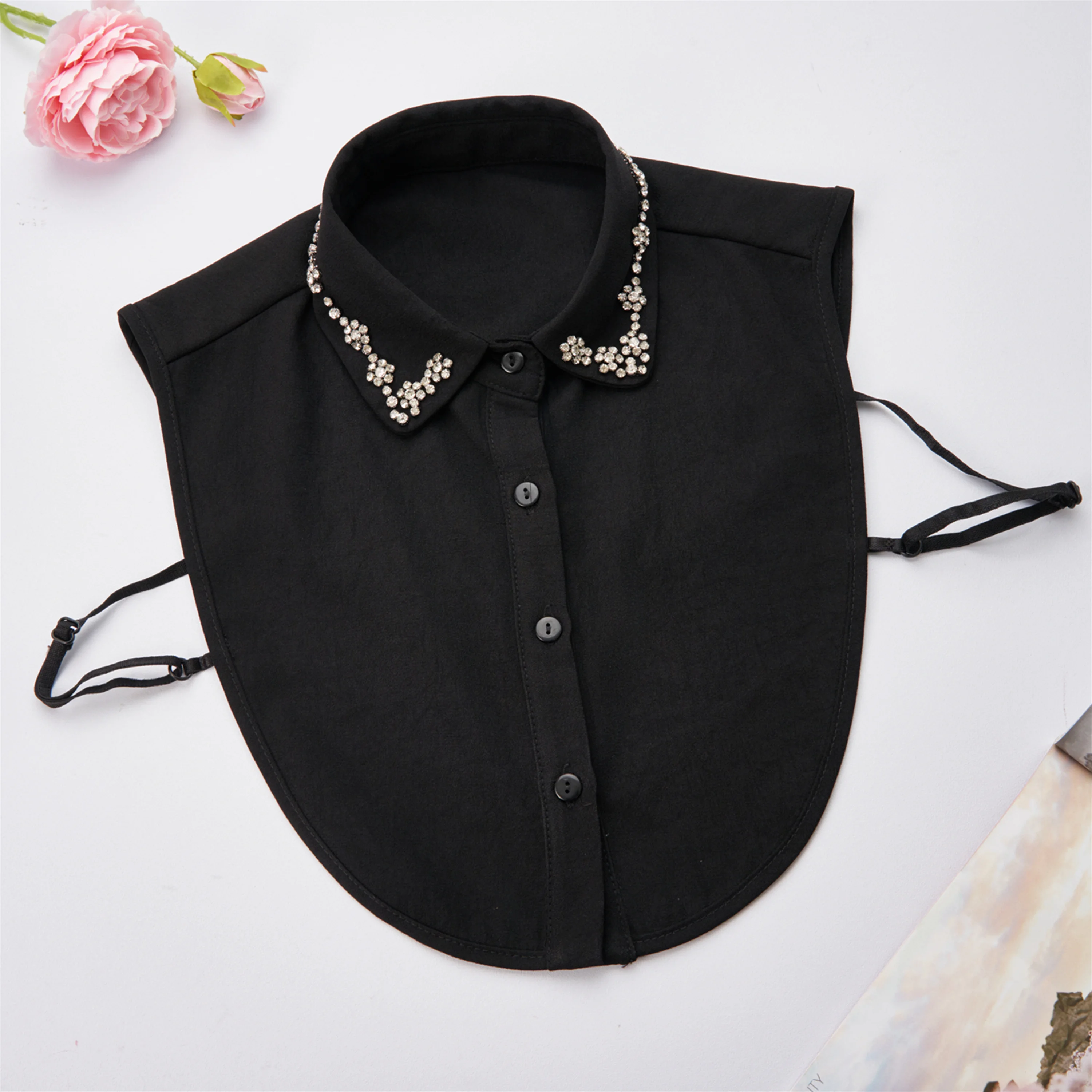 New Design Black White Hand Sewn Rhinestone Floral Accessories False Shirt Collar For Women