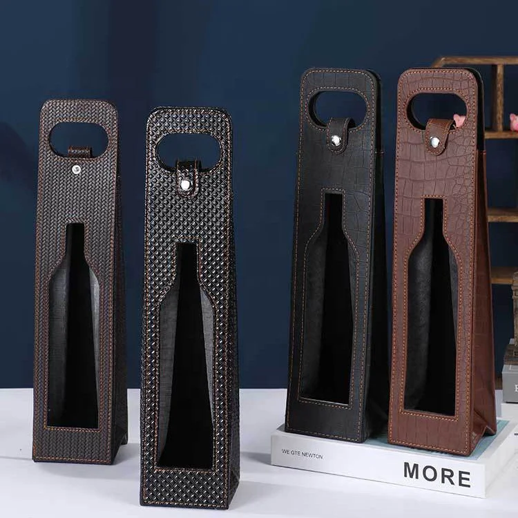 factory wholesale custom high quality PU leather wine bottle bag Hot sale single bottle pack leather wine bag with window