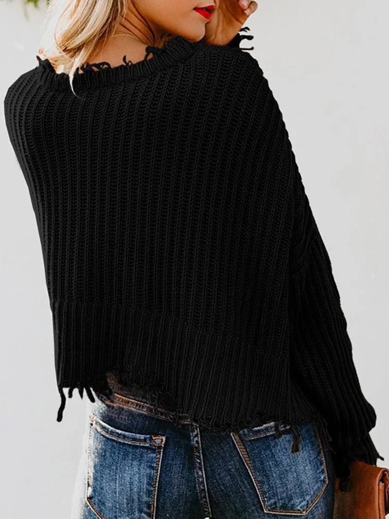 Женский однотонный трикотажный свитер с V-образным вырезом и длинным рукавом