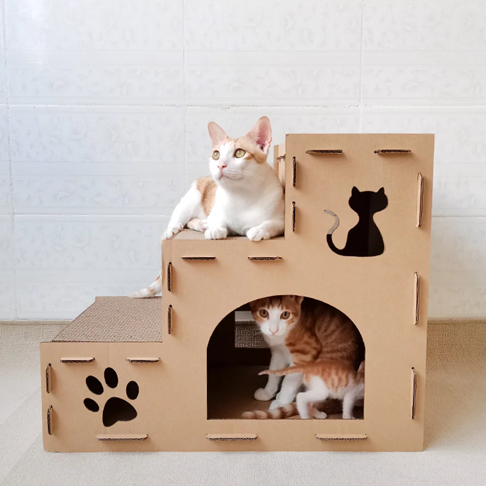 Cat Condo Cardboard Scratcher Furniture Three Tiers Luxury Foldable House for Indoor Kitten Scratching Boards