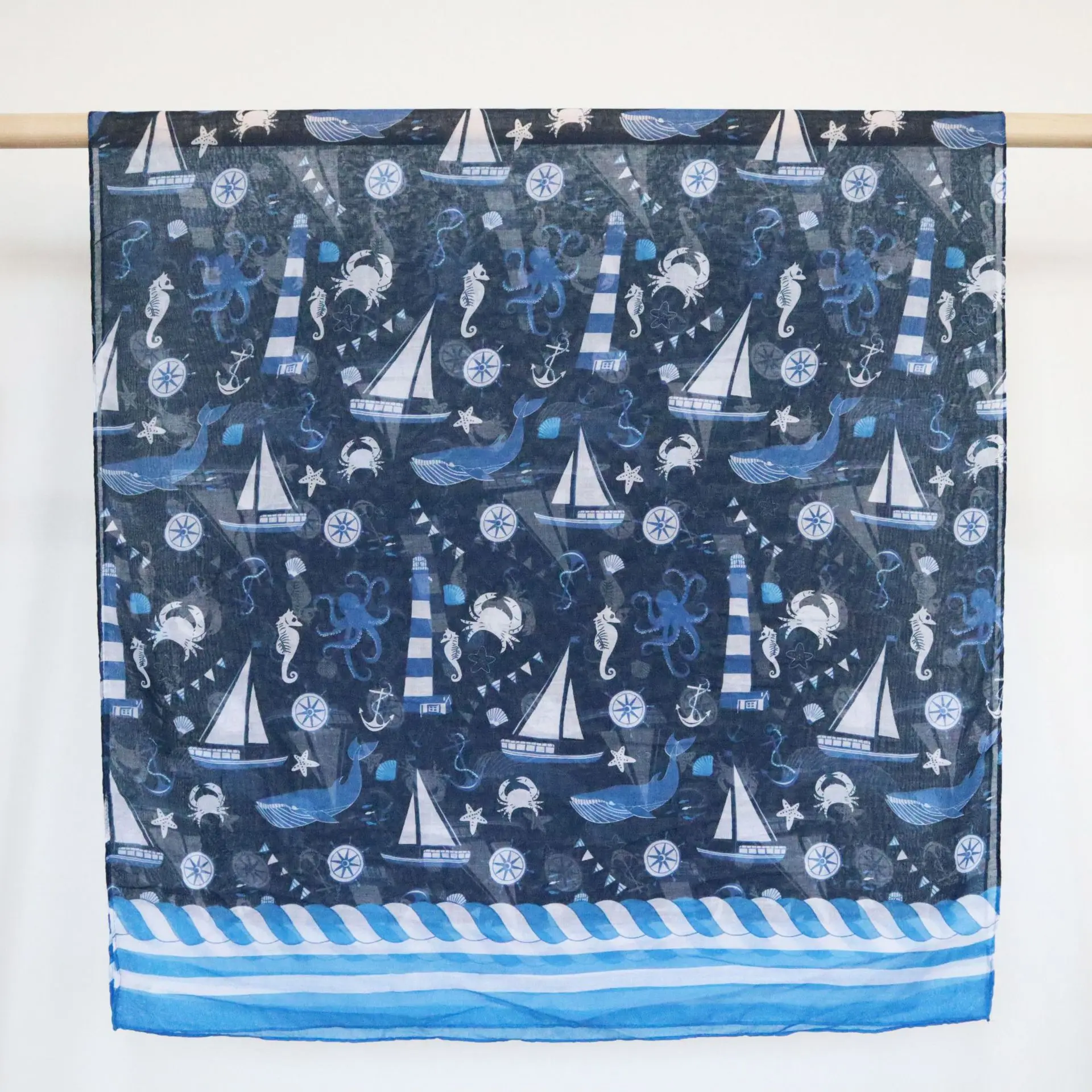 Scarf men and women octopus anchor sailboat whale small fresh navy print scarf long scarf shawl