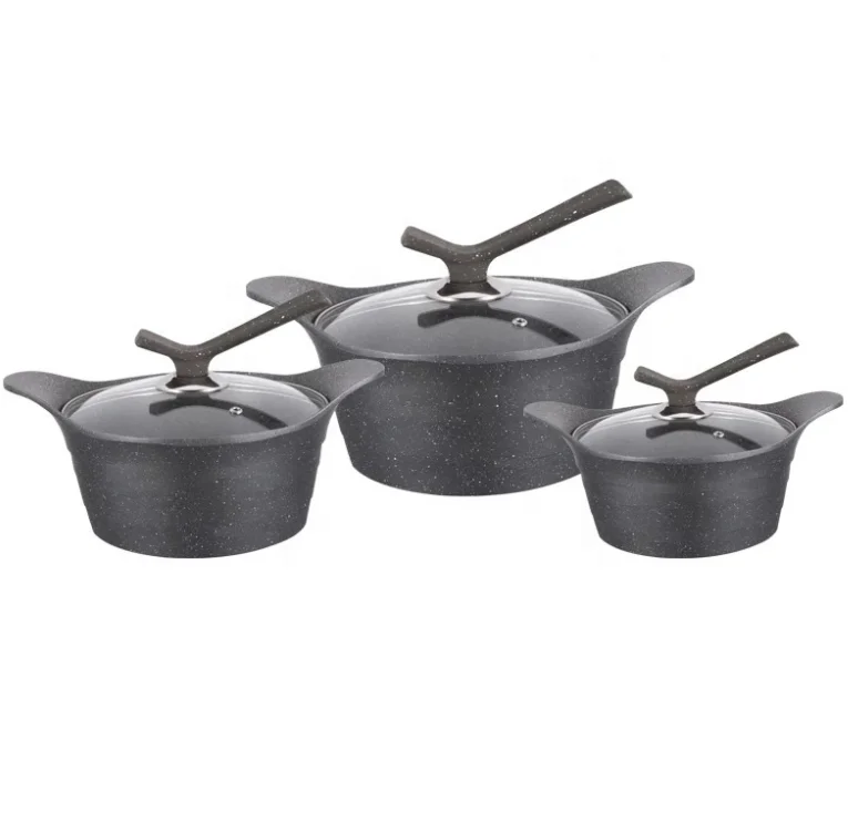 20/24/28CM 6pcs die cast aluminum black non stick marble cookware set/casserole pot sets with tempered glass lid