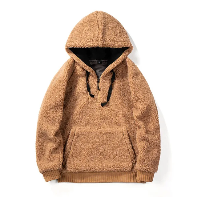 Teddy Hoodies Men Winter Sweatshirts Warm Soft Zipper Fur Jackets Male Plush Overcoat Casual Big Pocket Solid Color Outwears