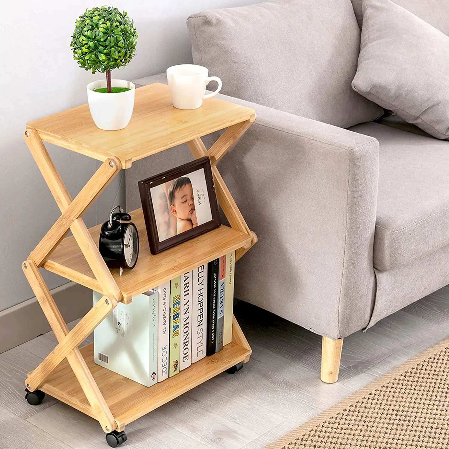 Custom 3-Tier Printer Cart Side Table with 4 wheels Bamboo Desk Organizer Anti-Skid Home Office Organization Under Desk Shelf