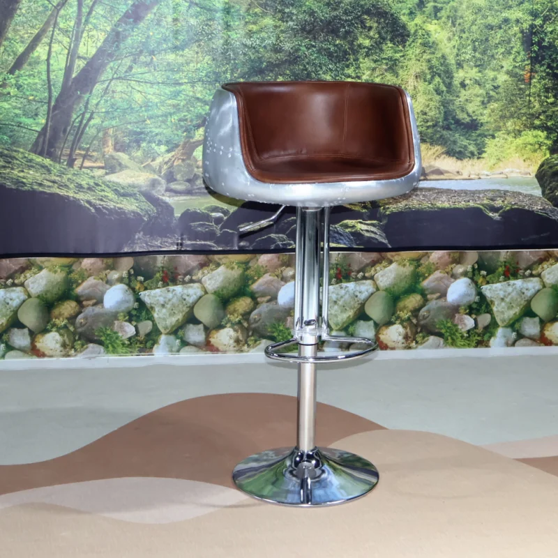 loft industrial furniture swivel dining chair vintage brown genuine leather Aluminium back lift& down bar stool high chair