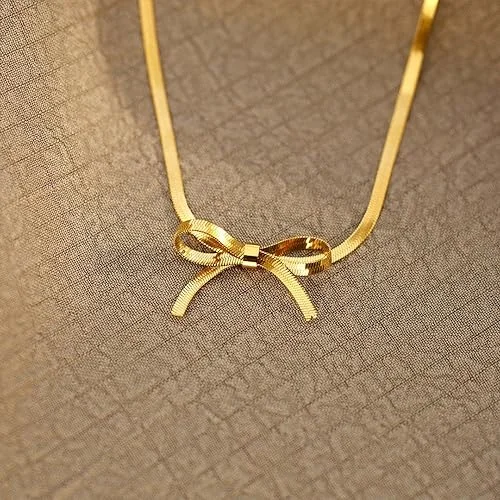 2024 Vintage Style Gold Plated Stainless Steel Snake Bowknot Ribbon Choker Necklace Tarnish-Free Bow Party Wedding Gift Ideas