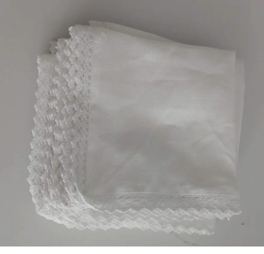 100% cotton lace hem handkerchief in white color can with monogramming