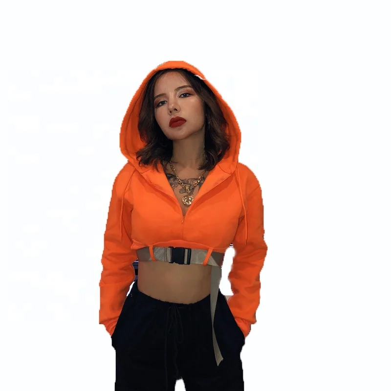 High Street Blank Orange Long Sleeve Zipper Women Buckle Belt Short Crop Top Pullover Hoodies