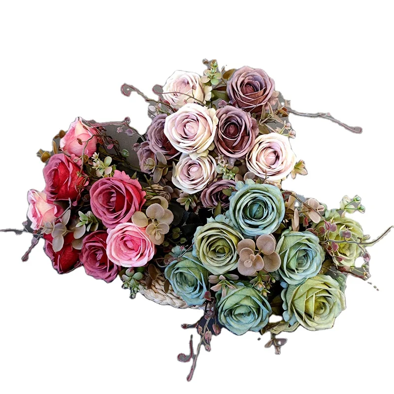 YIWAN Factory wholesale handmade 9 autumn roses artifical real touch flowers bouquet silk rose for wedding decor