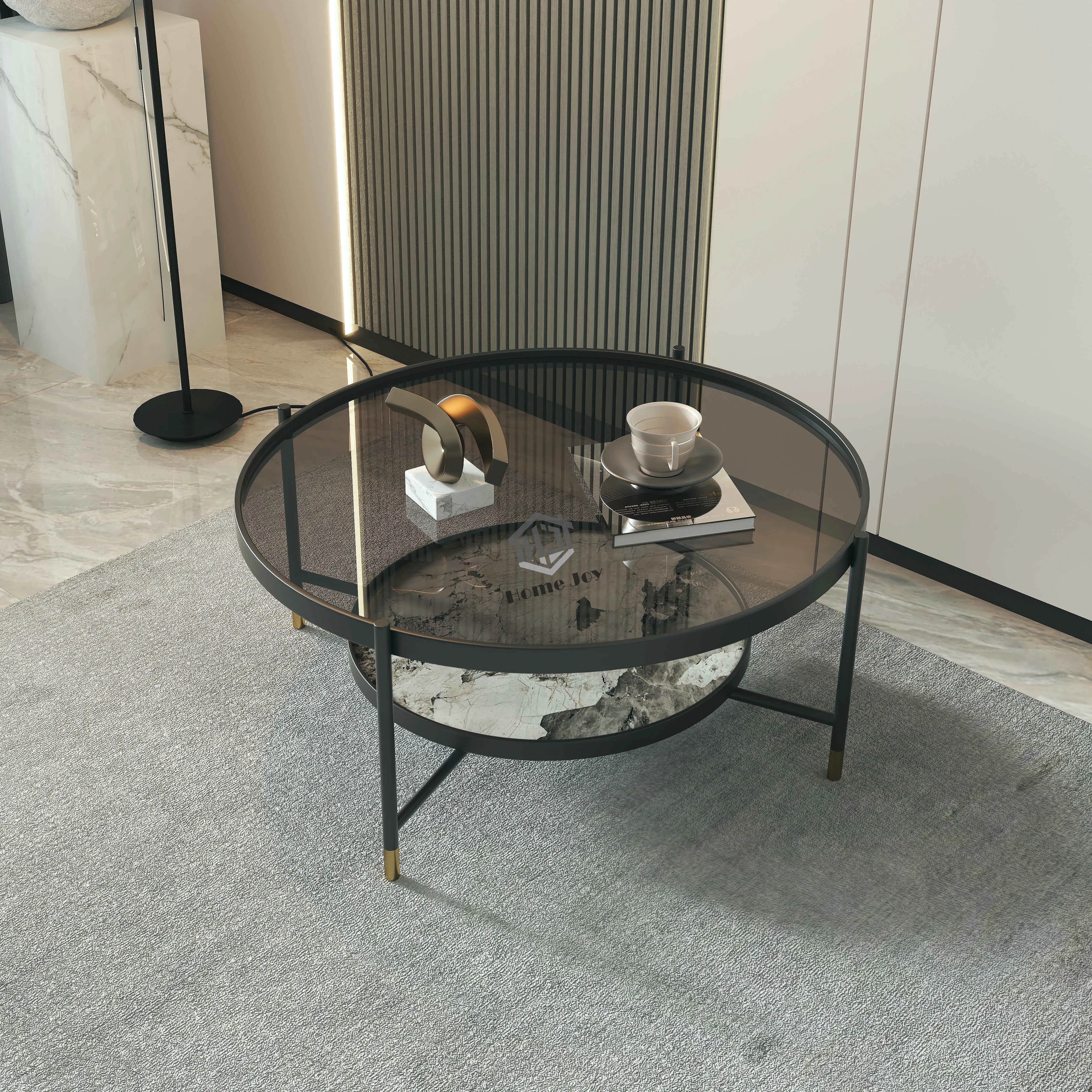 2021 original contemporary living room furniture sets round luxury coffee table with black iron frame glass top stone shelve