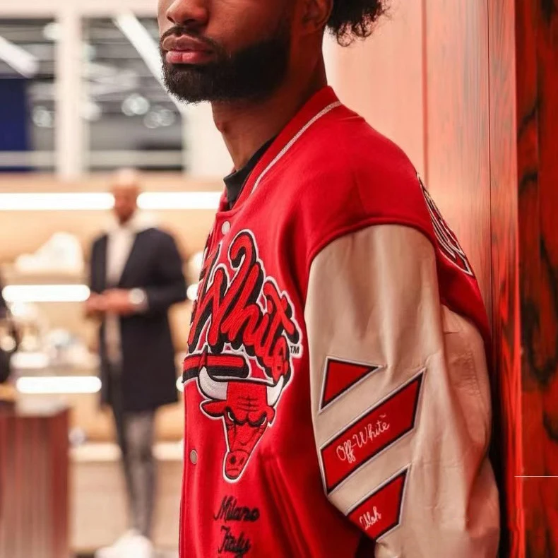 Casual Winter Wear and Rib Thick Woolen Letterman Stand Collar Varsity Jackets with Leather Sleeves