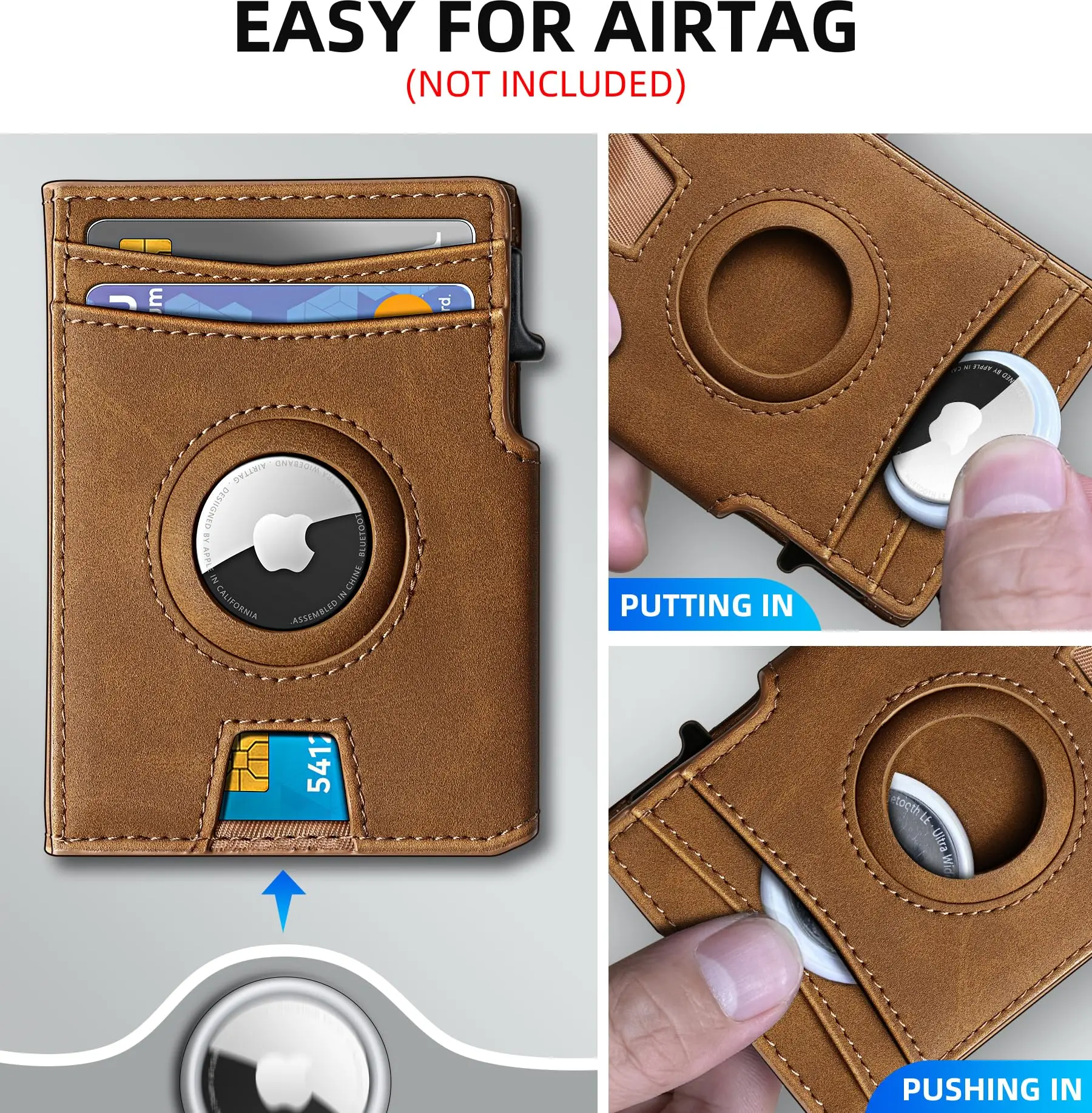 RFID Blocking Pop Up Metal Aluminum Card Box Wallet With Air Tag Slot Magnetic Front Pocket Genuine Leather Cardholders Wallet