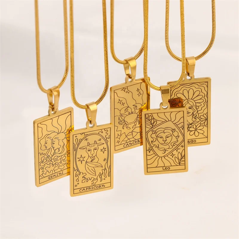 New Stainless Steel Square Pendant Zodiac Charm Necklace Waterproof 12 Horoscope Amulet Choker Necklace