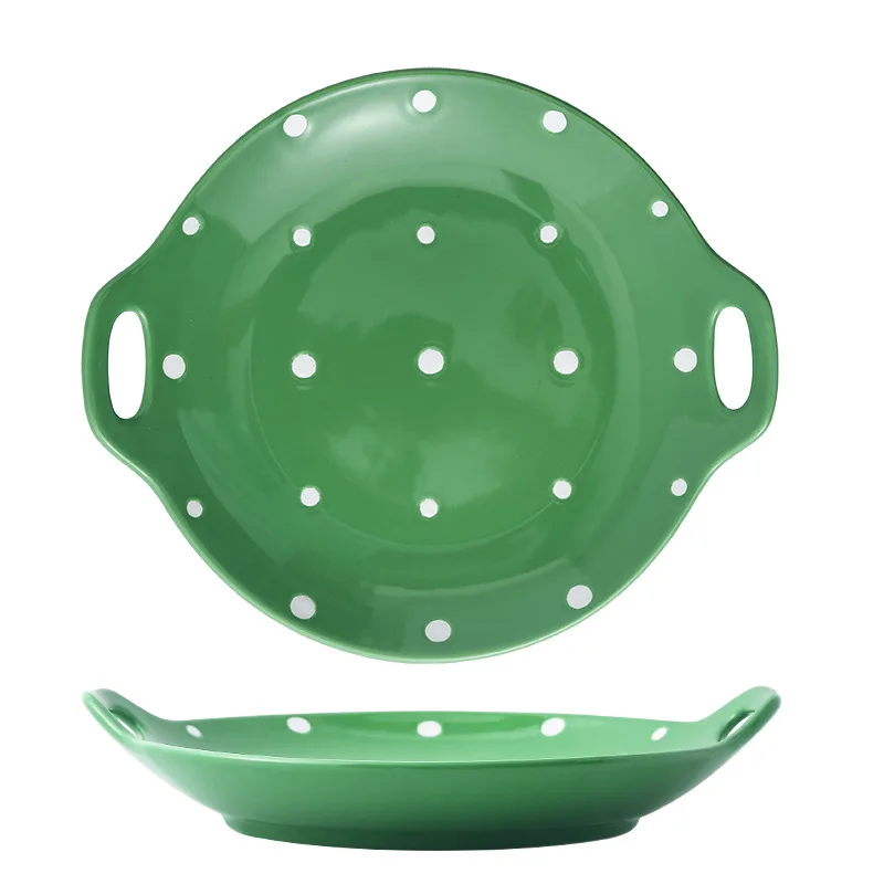 Kids Cute Dinner Microwave Food Dish Ceramic Plates Porcelain Oval Plate Wave Point Dinner Plates with Handle