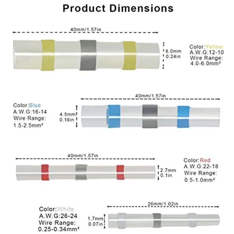 100pcs Solder Seal Wire Connectors,Waterproof Heat Shrink Butt Connectors Insulated Electrical Wire Terminals Butt Splice