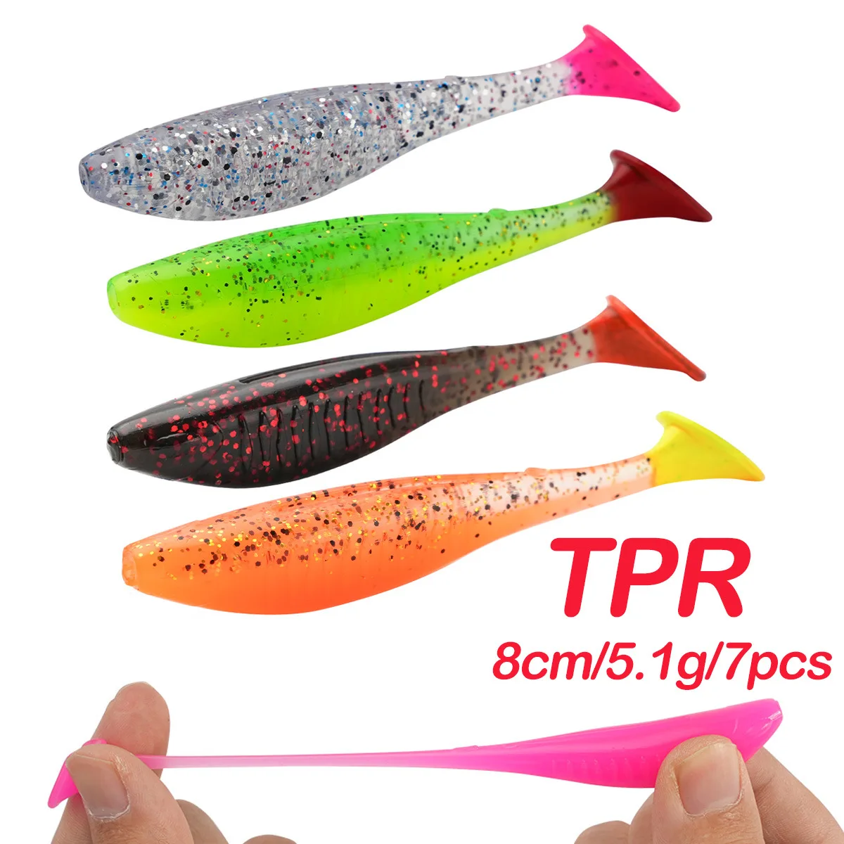 SL088-1PCS Wholesale 8cm T Tail Shad Soft Bait Plastic Ribbed Swimbait Bass Seawater TPR Soft Fishing Lure