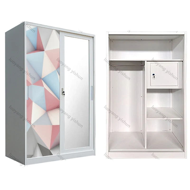 Iron Almirah Wardrobe Home Bedroom Furniture Living Room Steel Wardrobe metal with 4 sliding door and mirror