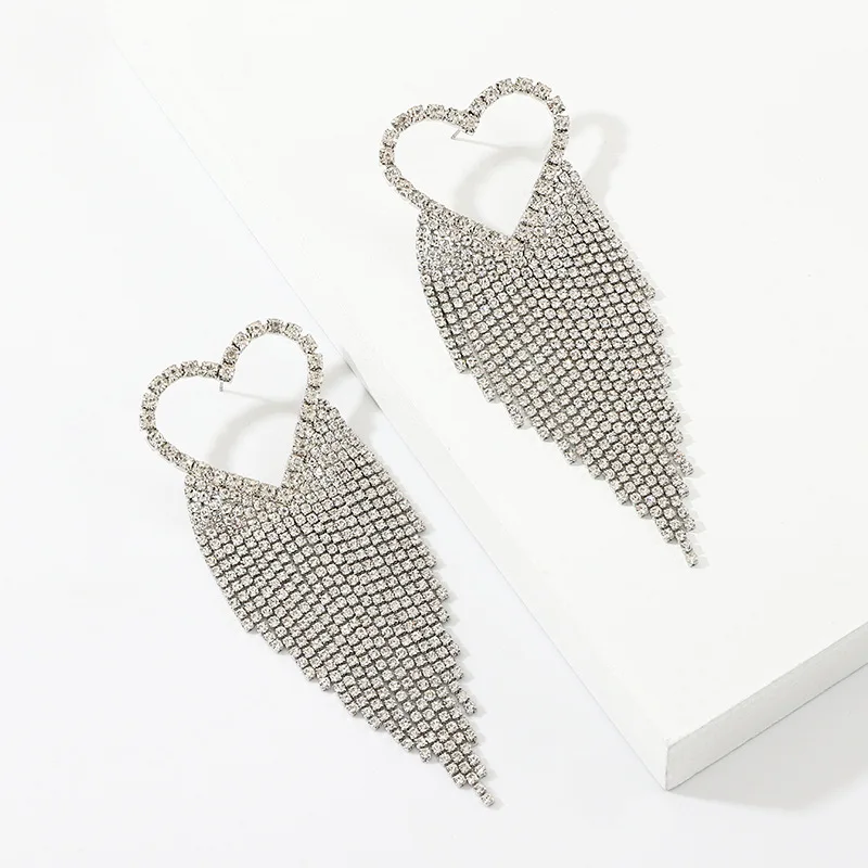 
fashion big long crystal heart earrings for wedding African luxury full diamond rhinestone tassel dangle statement earrings 