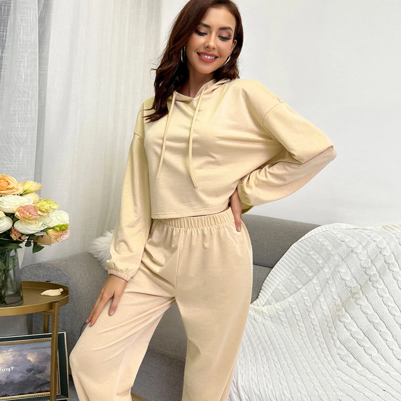 Custom Drop Shoulder Drawstring Hoodie Sweatpants Jogging Sweatshirts Suits Gym crop tops for women Set print logo for spring