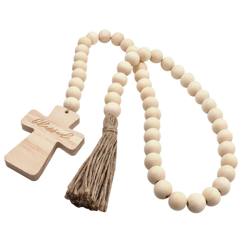 KOMI  New Cross hemp rope fringe beaded wood color DIY decoration necklace accessories
