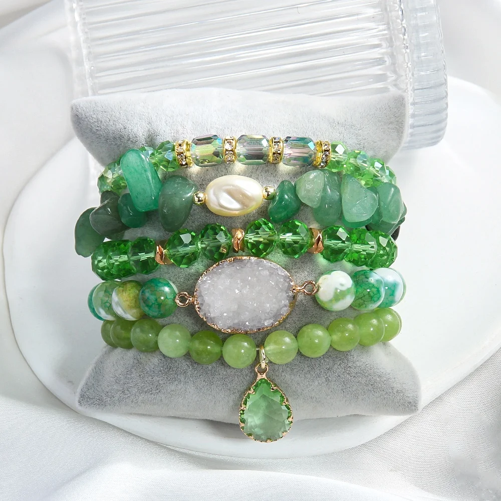 New Bohemian Style Women Jewelry 5pcs Natural Stone Shell Glass Bead Elastic Bracelet Oval Druzy Accessories Stack Bracelet Set