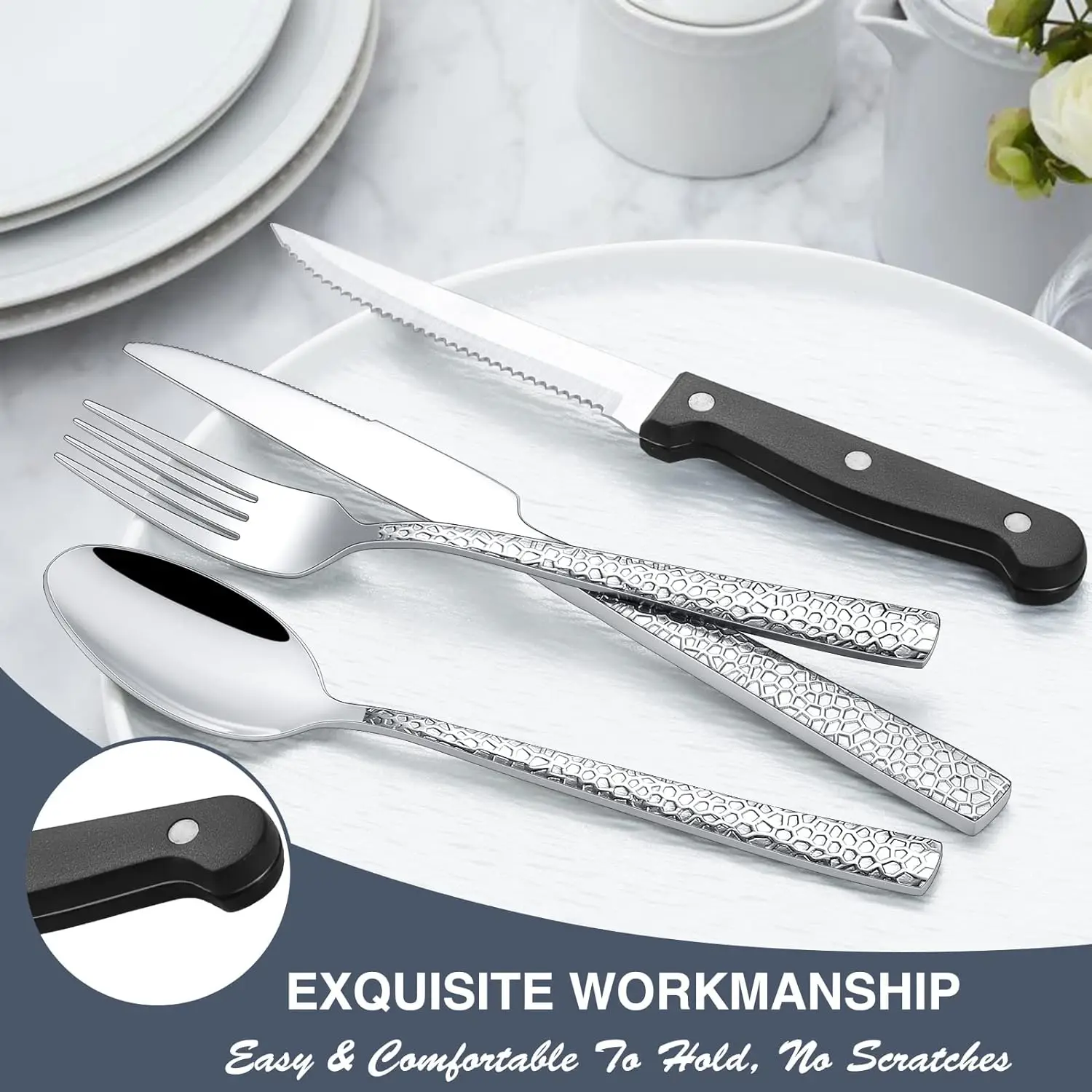 Silverware Set with Organizer, 49 Piece Stainless Steel Hammered Flatware Set for 8, Eating Utensil Sets with Steak knives