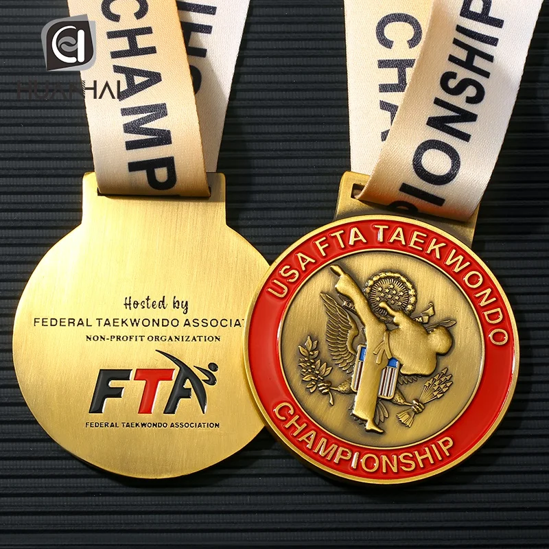 custom antique gold metal 3D enamel logo USA world taekwondo federation medals