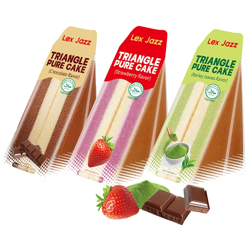 Wholesale Tea Strawberry Chocolate Flavor 100g fruit flavored sandwich cake halal Chocolate cake triangle cake