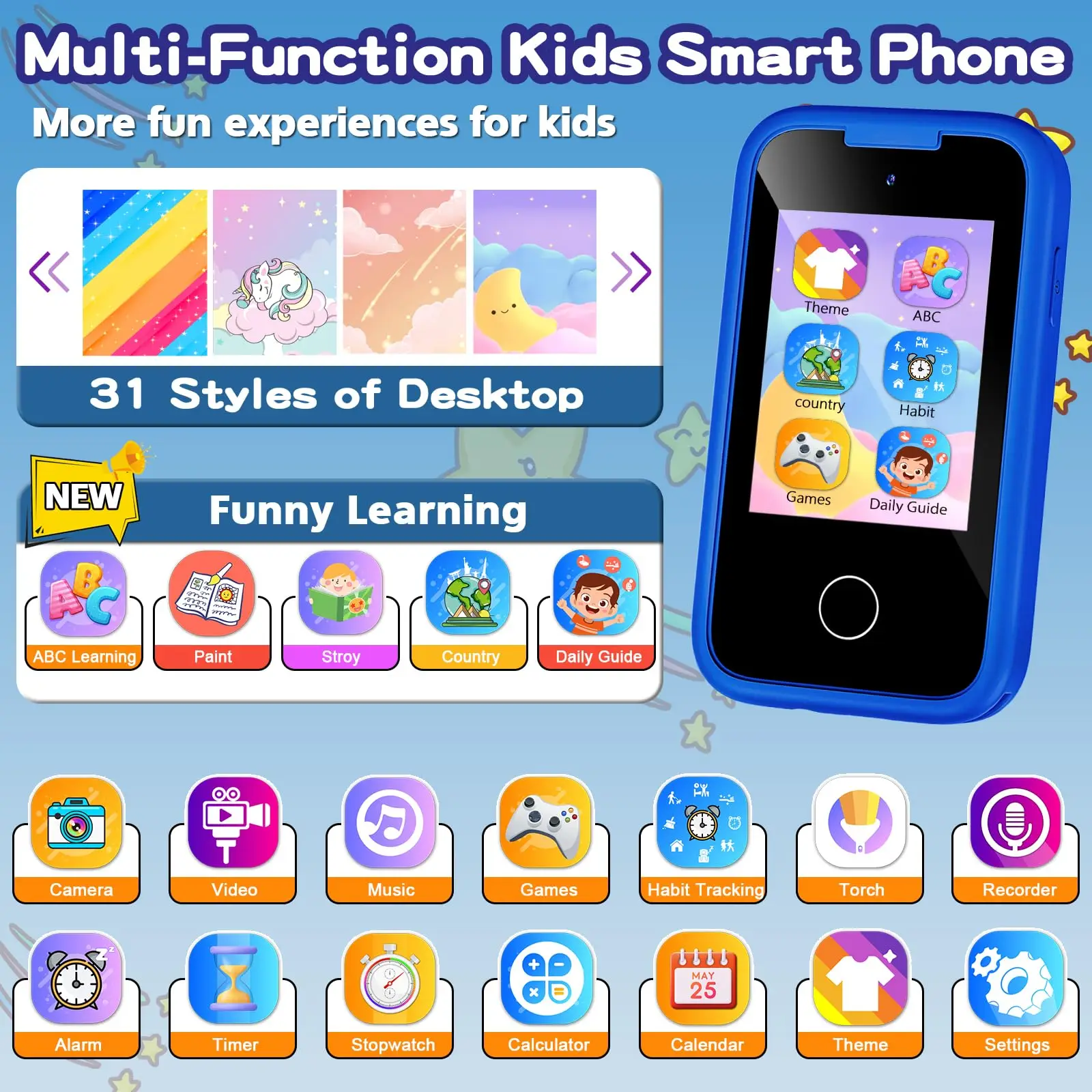 Kids Smart Phone Christmas Birthday Gifts Toys Cell Phone Touchscreen Toddler Learning Play Phone with Dual Camer