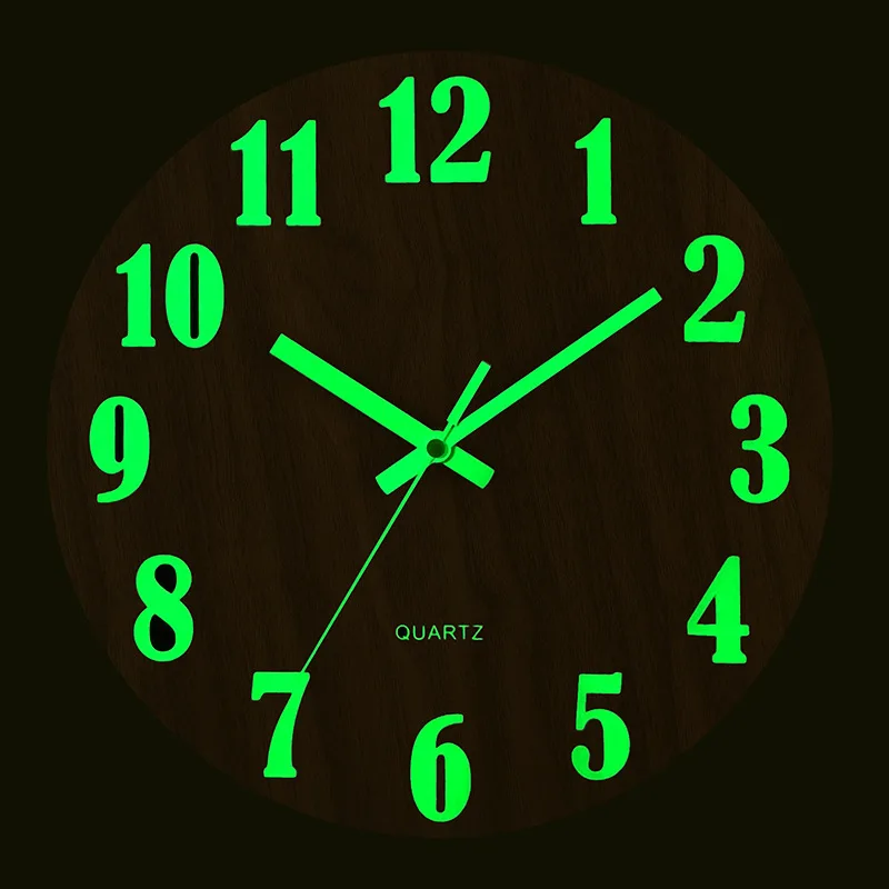 1pc 12 inch wooden luminous wall clock mute clock MDF wood grain creative luminous fluorescent clock