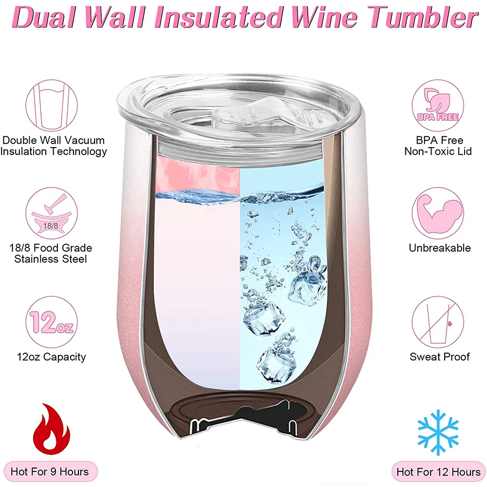 Wholesale Custom Stainless Steel Stemless  12oz Bling Wine Tumblers with Lid  Vacuum Insulated 12 oz Glass Wine Cups