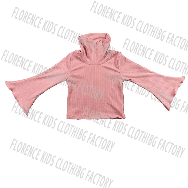 DH ODM Winter fall custom ribbed color bell sleeve toddler children boutique high quality shirt tops for girls