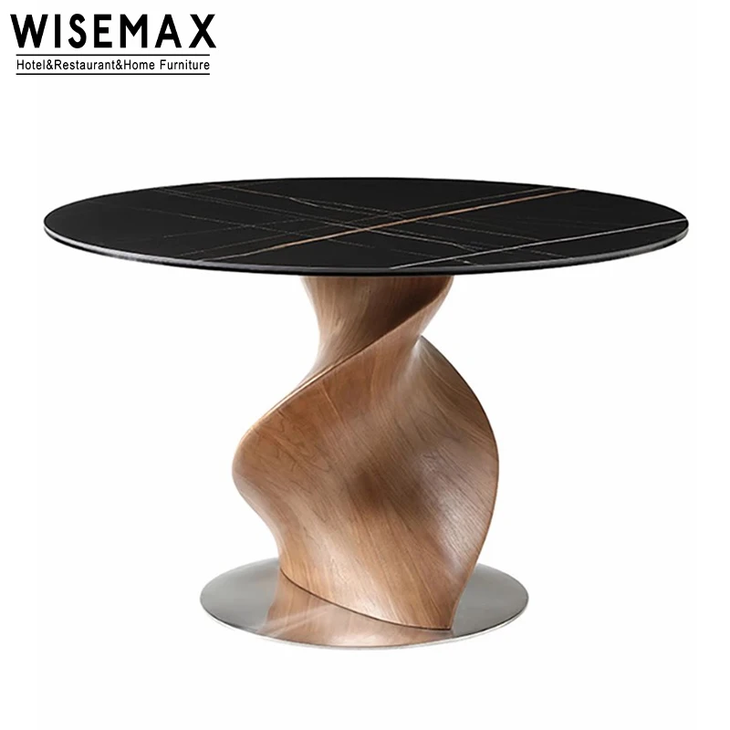 WISEMAX FURNITURE Round Sintered Stone Table Top Dining Table  Helical Walnut Wood Table Base For Home Dining Room Furniture