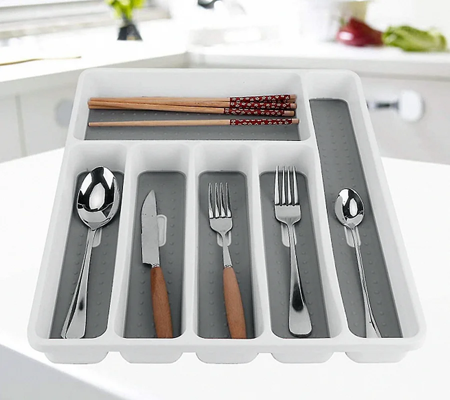 6 Compartment Plastic Cutlery Holder Tray Utensil Drawer Organiser With Nonslip Design