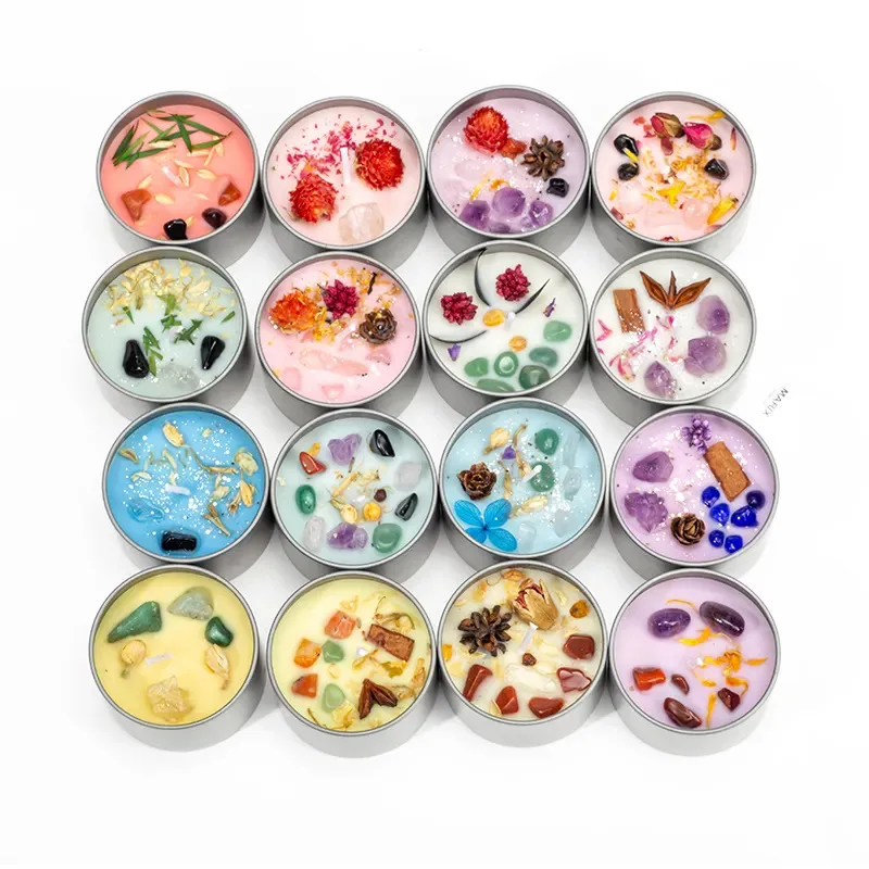 Hot Selling Dried Flower Candle With Crystals Wholesale Chakra Black Iron Tin Scented Candle For Wedding Gift Home Decoration