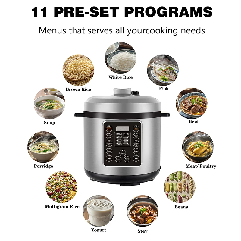 Factory Price Smart Electric Steamer 5L to 12L Capacity 11 Preset Menu Digital Slow Pressure Cooker LED Display Household Use