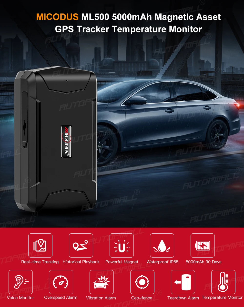 MiCODUS ML500 5000 мАч автомобильный локатор в реальном времени датчик температуры магнитный GPS-трекер голосовой мониторинг устройство отслеживания GPS-активов