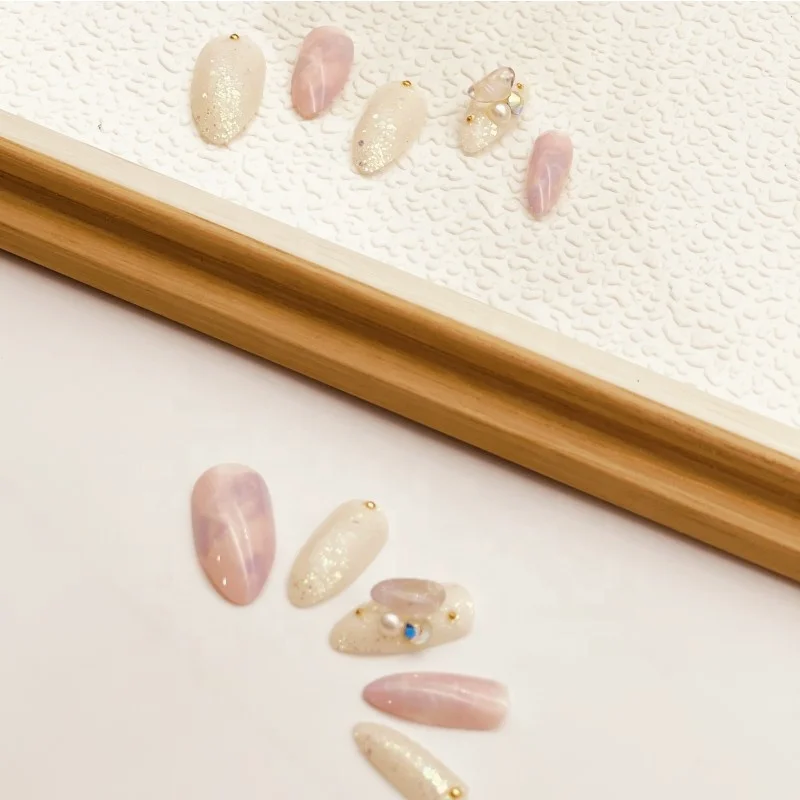 Factory sell luxury glitter marble dating use artificial nail pearl rhinestone decorate press on nail