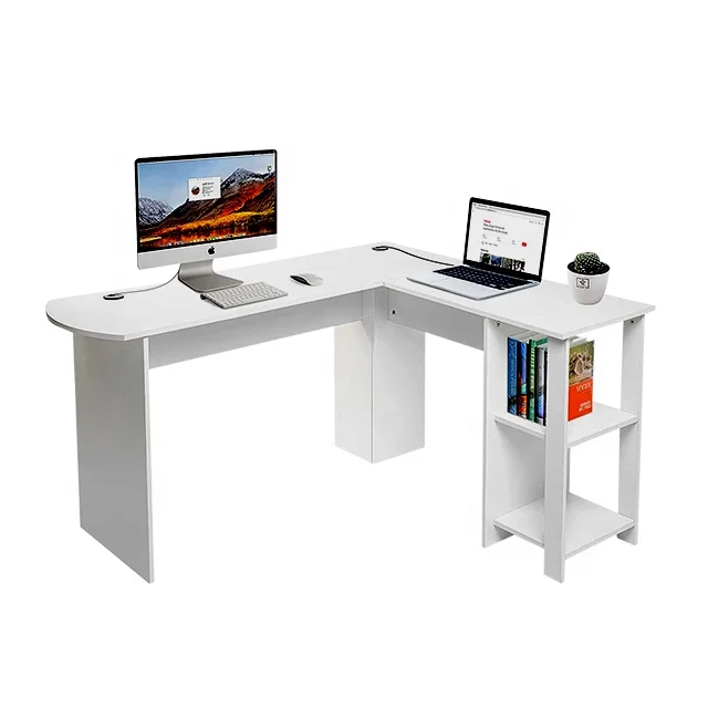 modern home Office furniture white L-shape workstation corner computer desk study table  with shelves