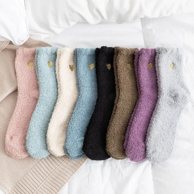 Winter Thicken Coral Velvet Fluffy Thermal Women Sleeping Socks Fashion Embroidery Love Heart Fuzzy Warm Women Socks