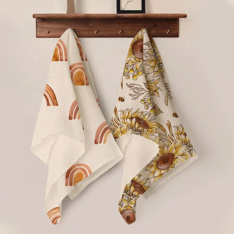 Flower print softness 100 cotton 2 lyaers gauze crinkled muslin dinner table cloth napkin